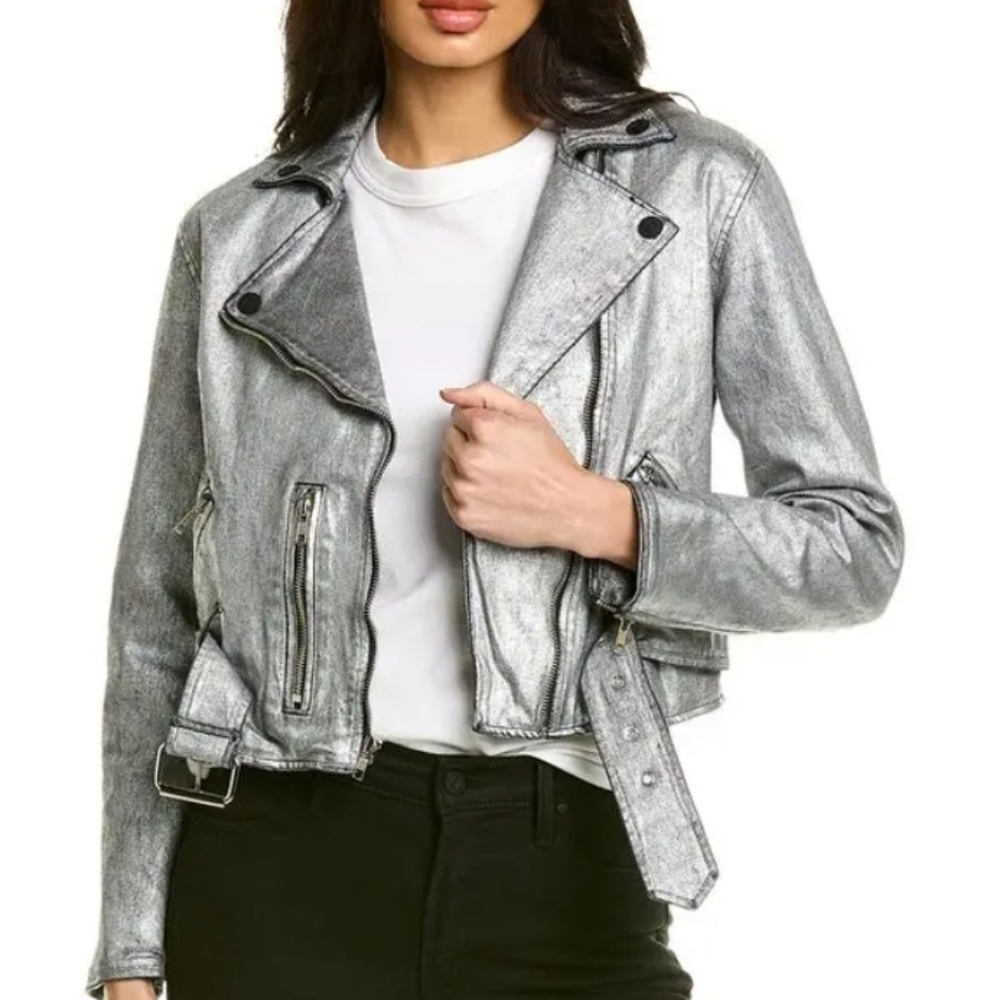 MOTHER The Moto Denim Metallic Friday Night Freestyle Biker Jacket Sz-L